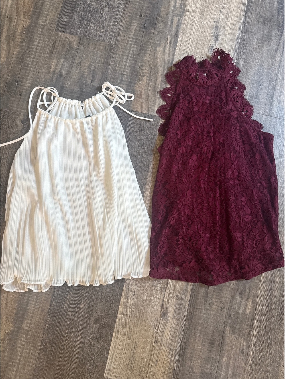 Lulus White Pleated Halter Top & Maurices Burgundy Lace Halter Top, Size XS